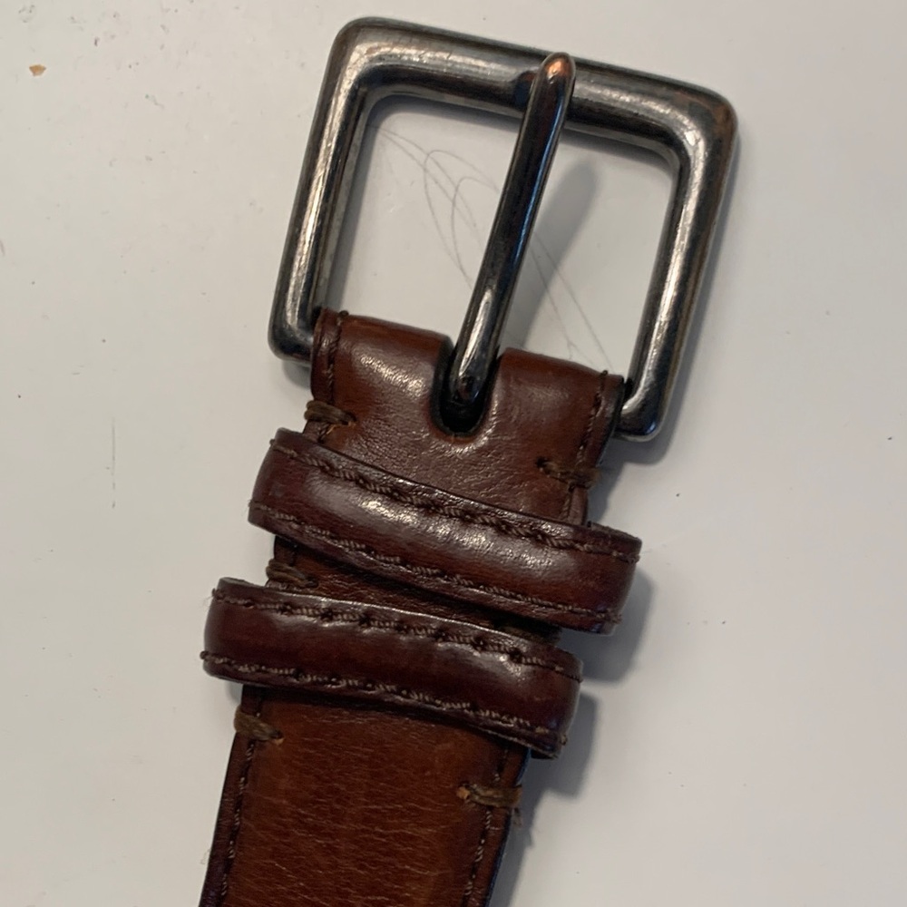 Elegant Brown Leather Belt Buckle with Silver Accents. Size 40